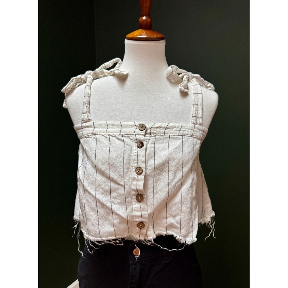 Vintage Havana Striped Button Up Raw Hem Cropped Tank Top Women's S